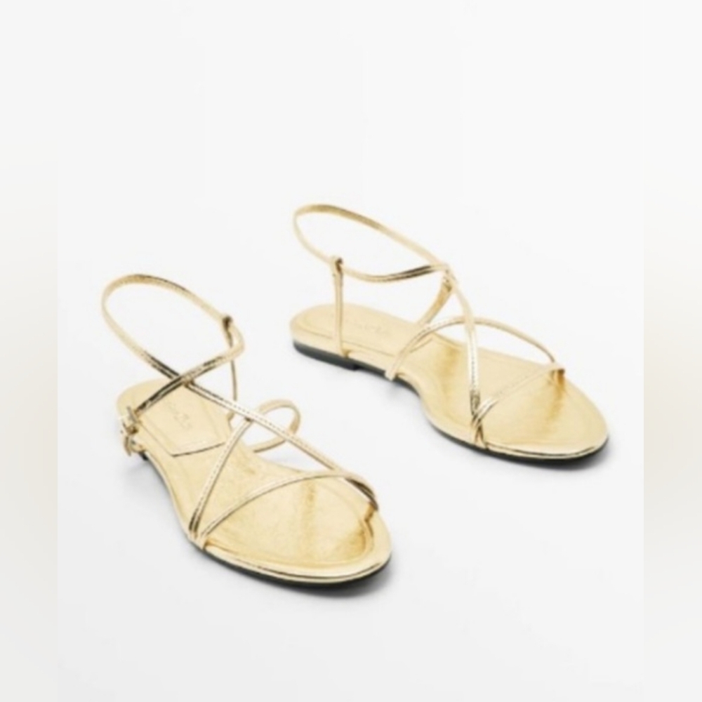 NWT Massimo Dutti Flat Gold Strappy Minimalist Sandals 36